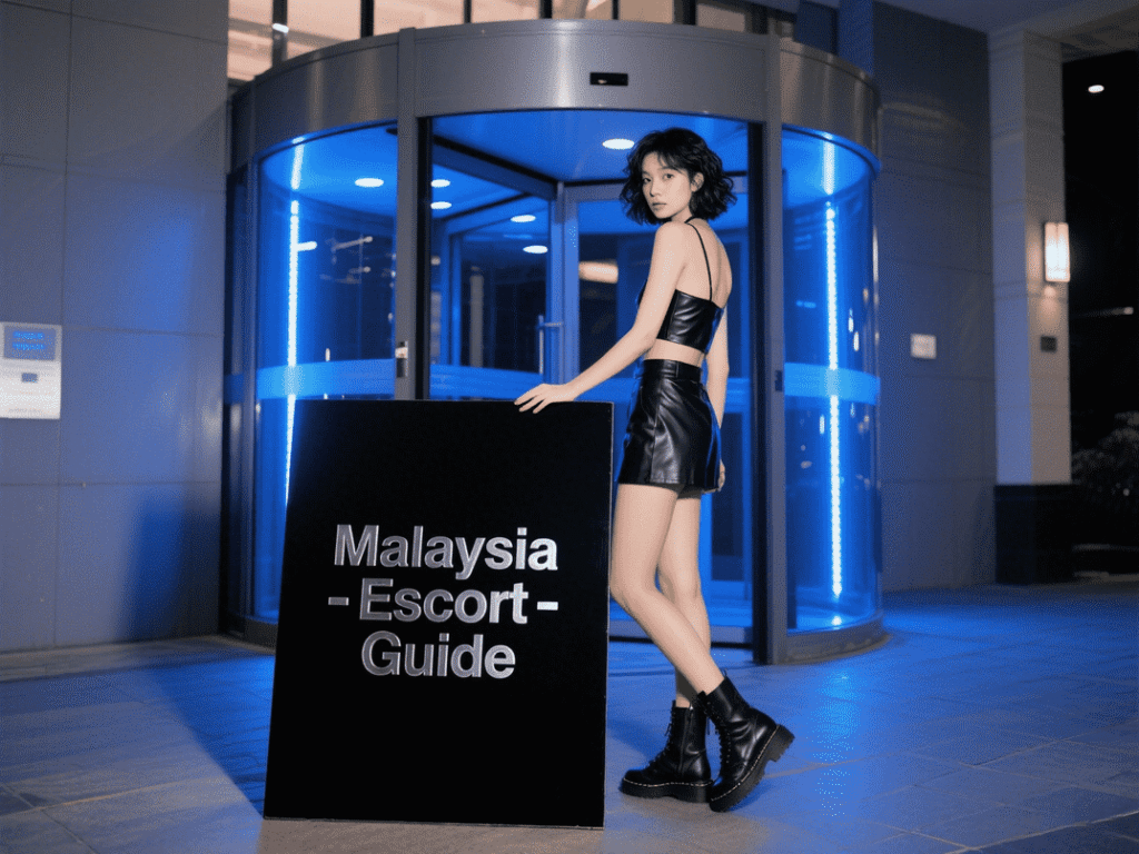 Woman in black leather outfit holding a sign that says "Malaysia -Escort- Guide