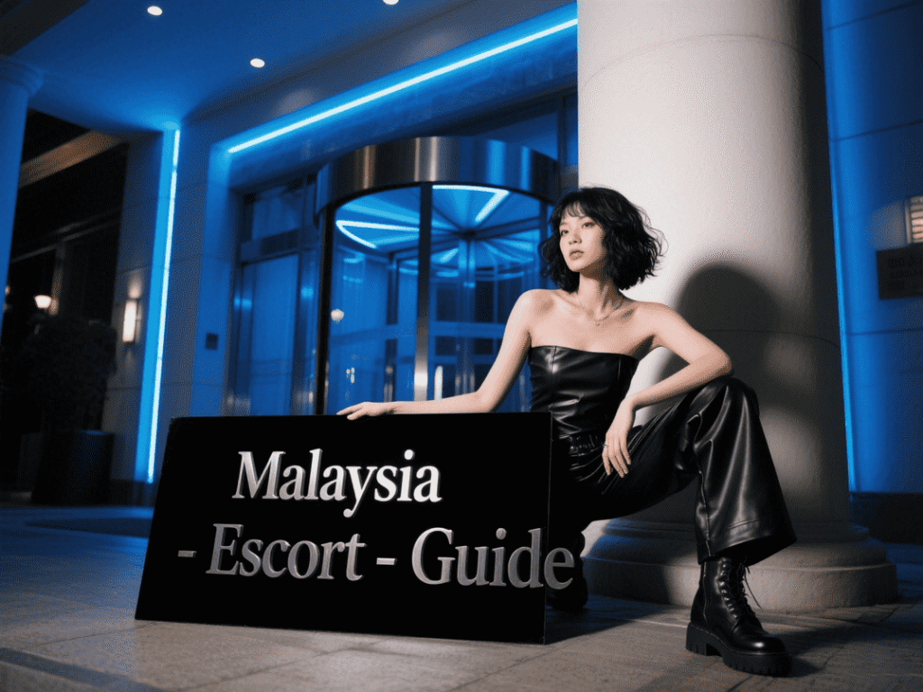 Woman in black leather outfit holding sign: Malaysia - Escort - Guide