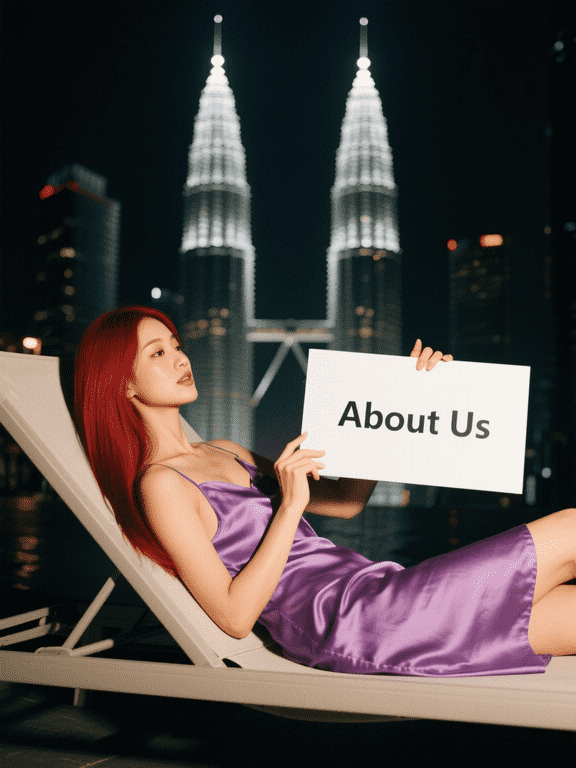 Woman in purple dress holding "About Us" sign in front of Kuala Lumpur skyline.