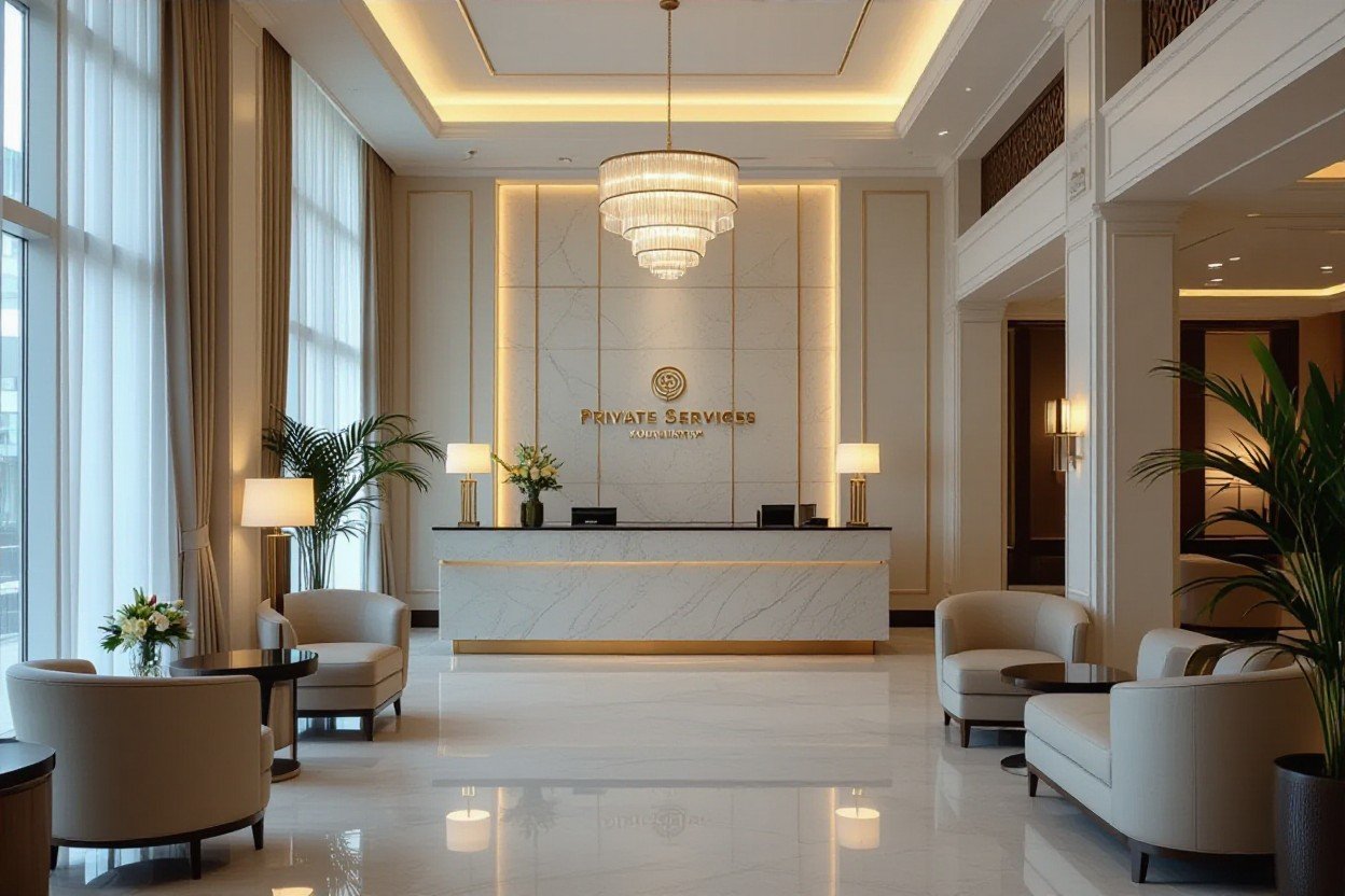 Luxurious Kuala Lumpur hotel lobby with "Private Services" reception desk.