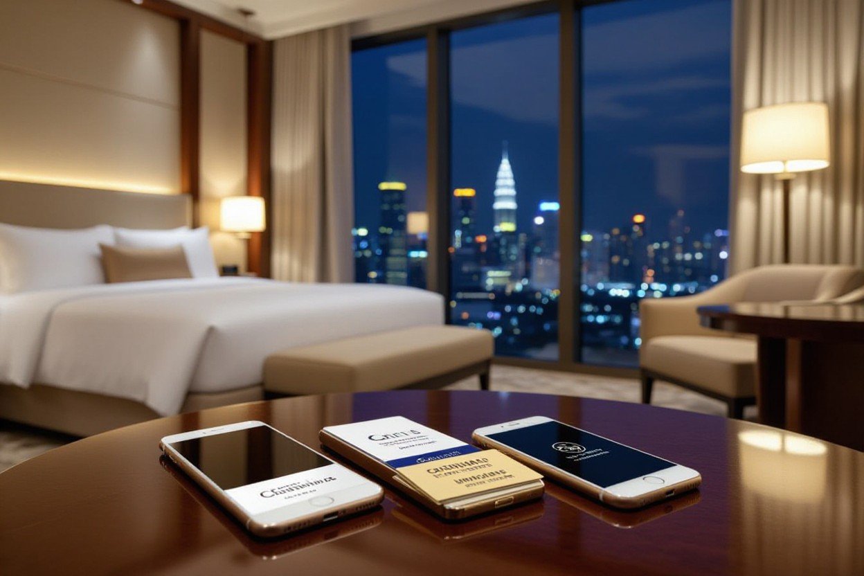 Luxury hotel room with city view at night; smartphones and room key on table.