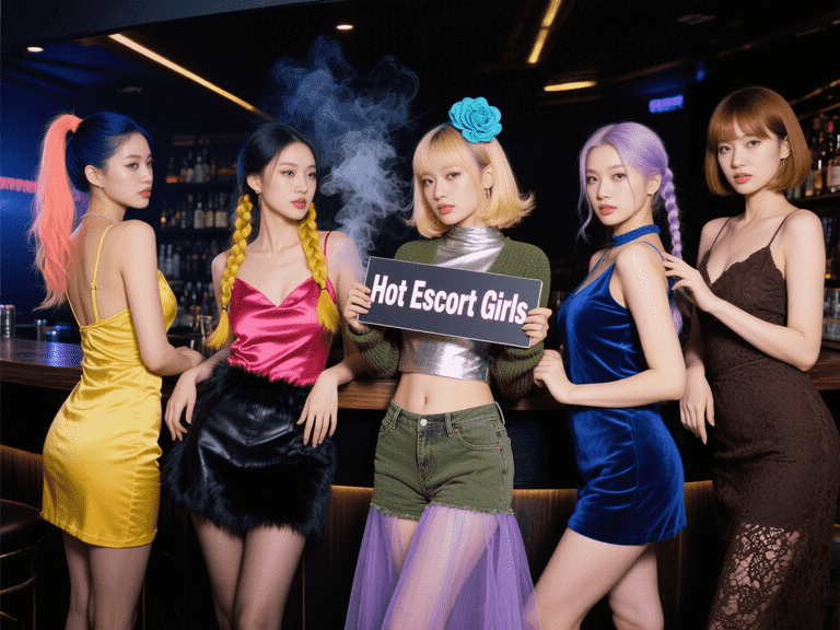 Five women in stylish dresses pose for a photo. "Hot Escort Girls" sign is held centrally.