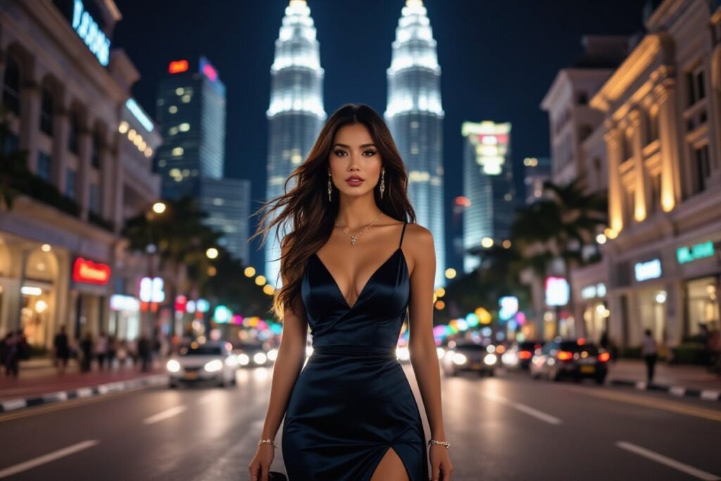 Elegant woman in a dark blue satin dress walking at night in Kuala Lumpur, Petronas Towers in background.