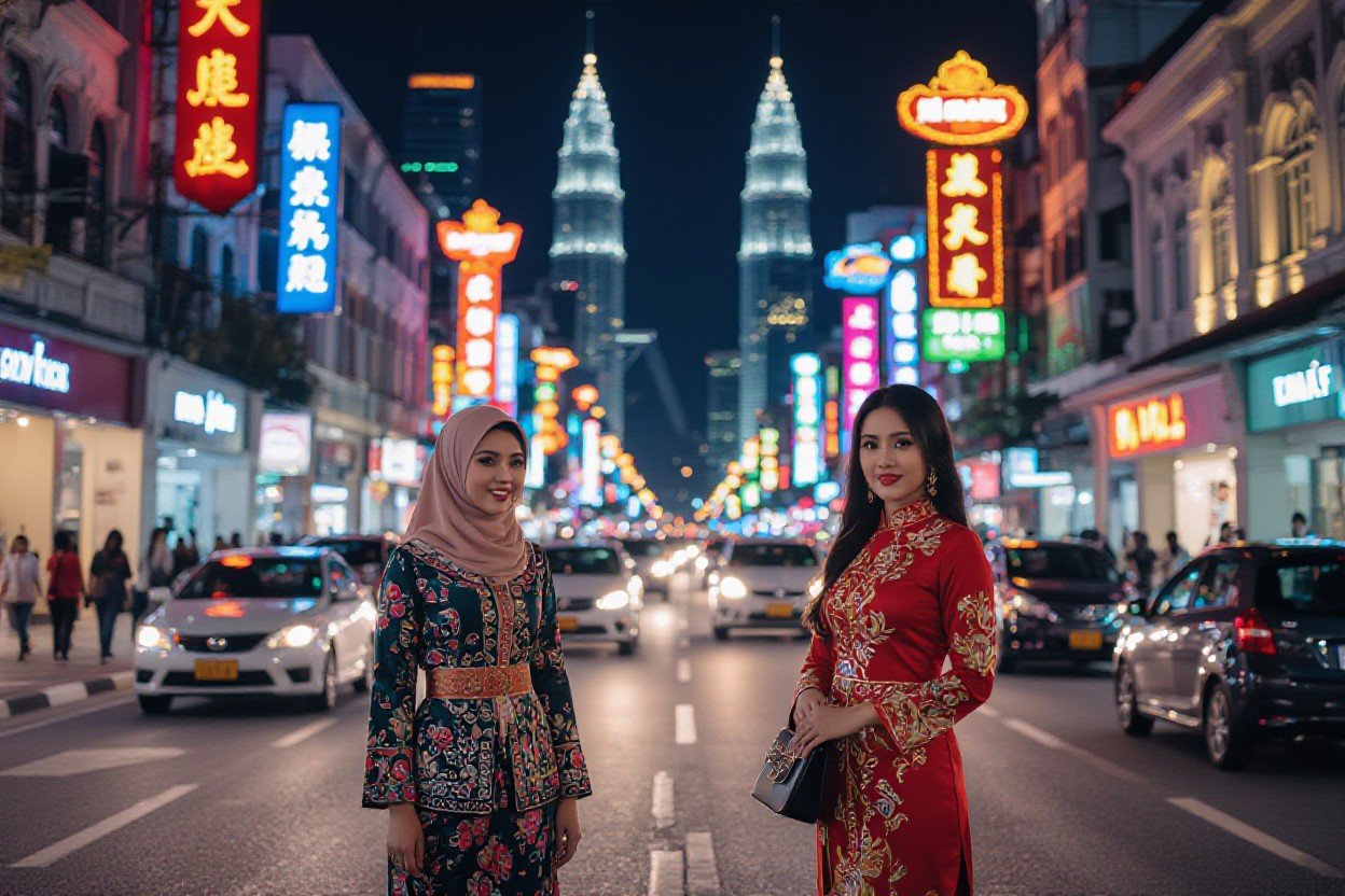 Two women in traditional dress on a Kuala Lumpur street at night. Petronas Towers in background.