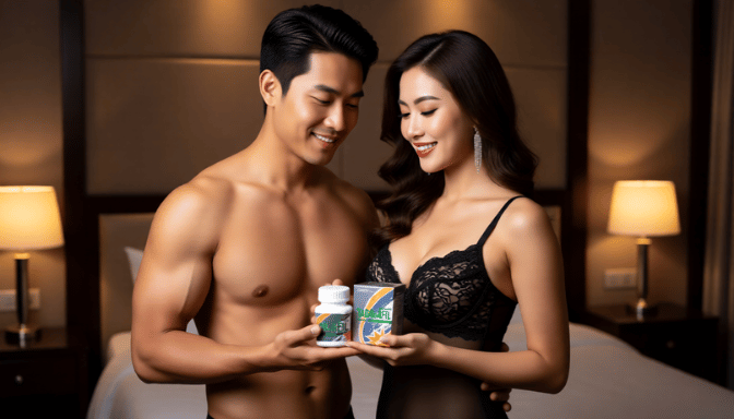 Couple holding "Cialis" product. Man shirtless, woman in lingerie. Bedroom setting.