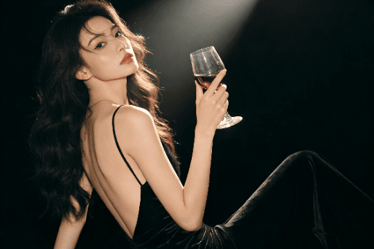 Elegant woman in black dress holding red wine glass in spotlight.