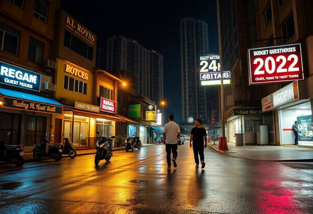 Night street scene with two men walking past lit guesthouses. Budget guesthouses, 2022.