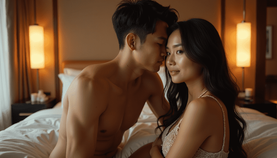 Couple embracing in a hotel room, intimate moment