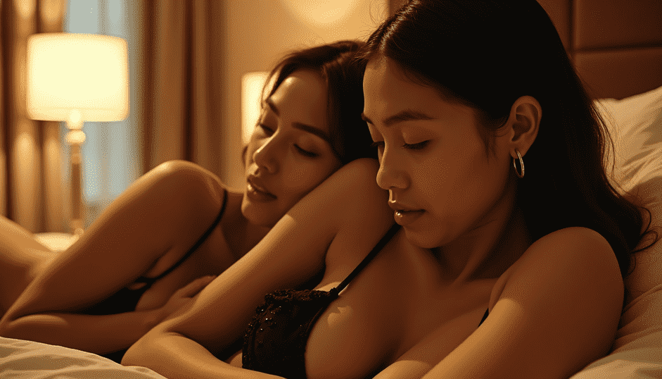 Two women in lingerie lying in bed, intimate moment