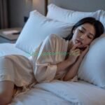 Young Asian woman in a silk robe sleeping peacefully on a white bed